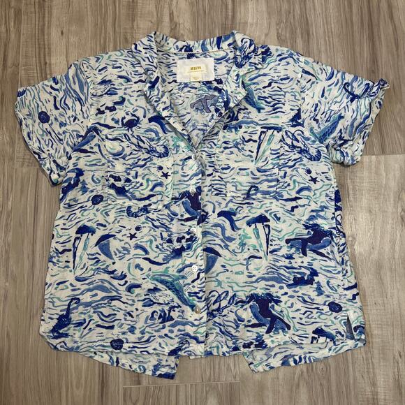 Maeve Linen Blend Coastal Surf Shirt Blue White Women’s Small - Picture 3 of 8